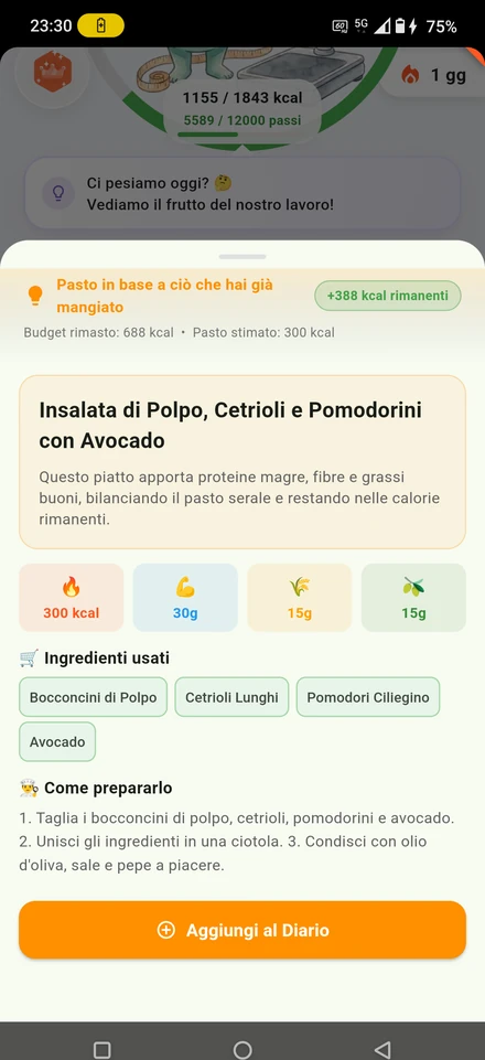 Proposta di pasto calcolata sulle calorie rimanenti: insalata di polpo con ingredienti presi dalla dispensa e preparazione