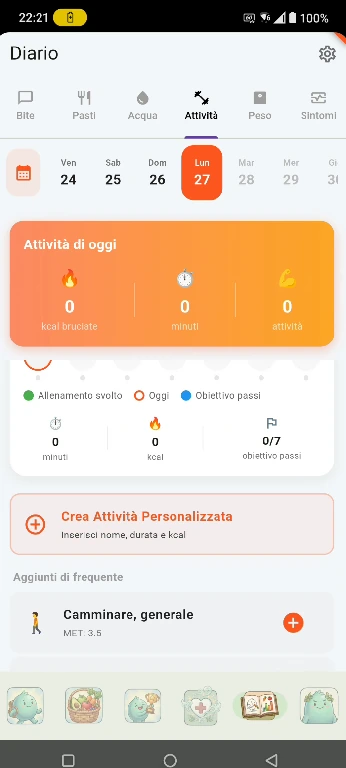 Diario NUTRIMI con le schede Bite, Pasti, Acqua, Attività, Peso e Sintomi