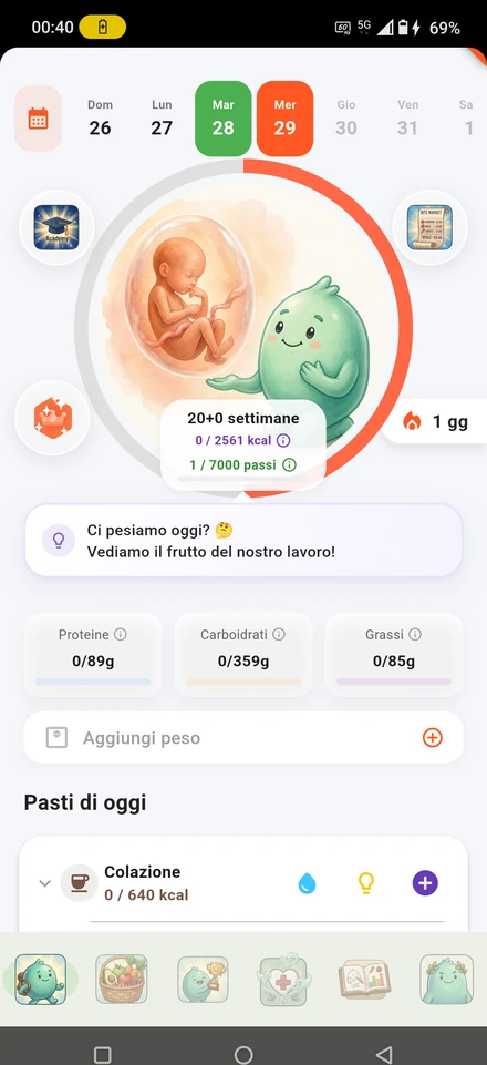 Schermata Home di NUTRIMI in modalità gravidanza: settimana, fabbisogni e sviluppo