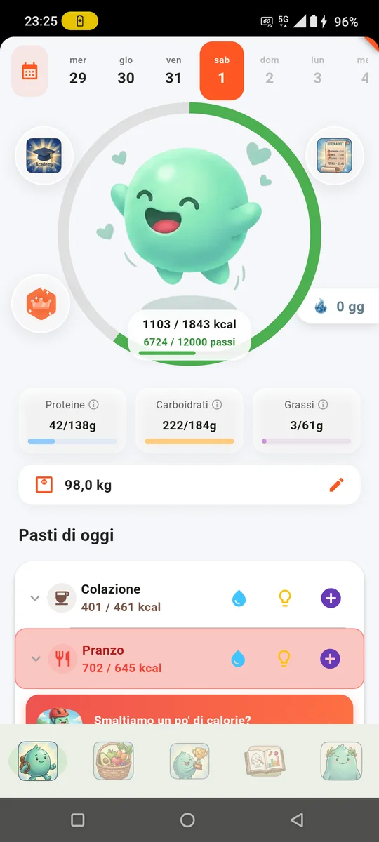 Schermata Home di NUTRIMI con Bite felice, anello calorie, macronutrienti e pasti della giornata