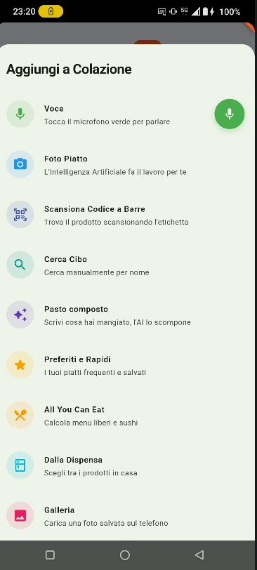 Menu di inserimento pasto: voce, foto del piatto, codice a barre, ricerca, pasto composto, dispensa