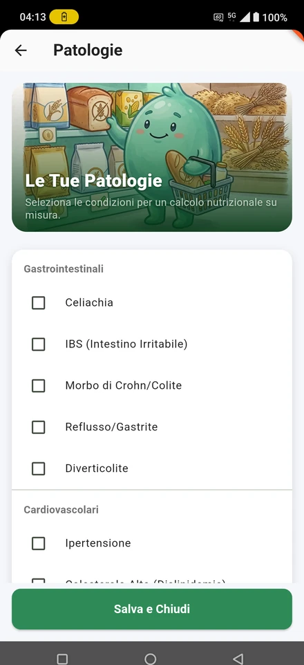 Schermata Patologie di NUTRIMI con celiachia, IBS, Crohn, reflusso e diverticolite da selezionare