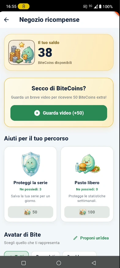 Negozio ricompense con BiteCoins, protezione della serie e avatar di Bite