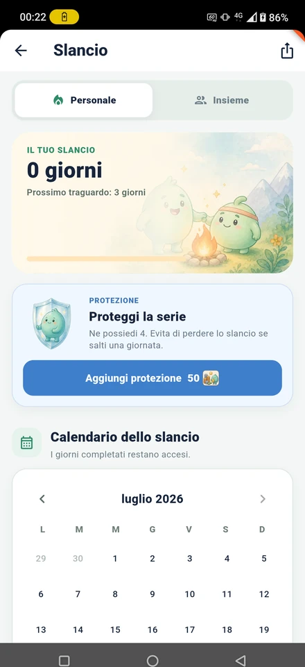 Schermata dello slancio: giorni consecutivi, protezioni disponibili e calendario dei giorni completati