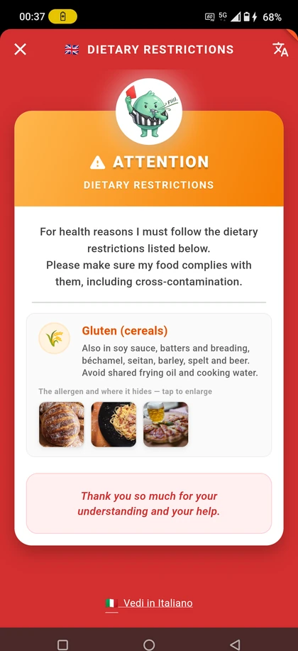 La stessa card delle restrizioni alimentari in inglese