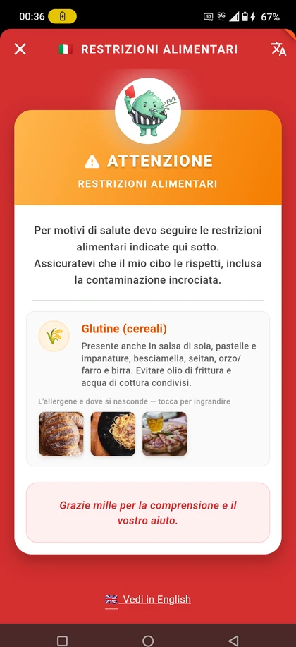 Card delle restrizioni alimentari in italiano, con il glutine e i cibi in cui si nasconde